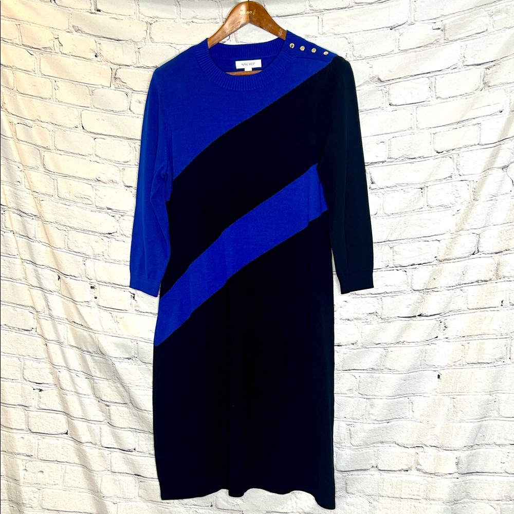 Nine West Blue Black Striped Silver Button Long Sleeve Sweater Dress Size Large